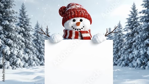 Joyful snowman in a red winter hat holding a blank sign