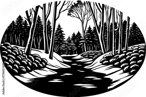 old trail disappears beneath untouched snow inside a silent forest, evoking a sense of mystery, isolation, and forgotten winter history