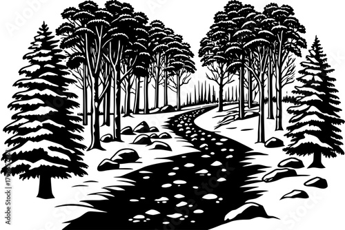 old trail disappears beneath untouched snow inside a silent forest, evoking a sense of mystery, isolation, and forgotten winter history