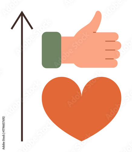 Upward arrow, thumbs-up hand, and heart illustrating success, growth, positivity, approval, care, motivation and achievement. Ideal for business relationships wellness teamwork progress