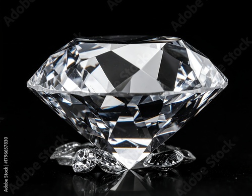 Close-up of a flawless, large, faceted gem, set against a stark, black background. It sparkles and reflects light brilliantly