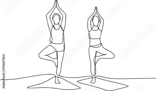 Two figures in yoga tree pose one line drawing fitness