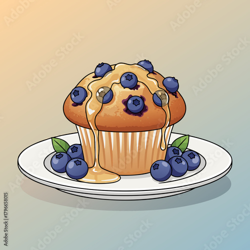 A delicious blueberry muffin topped with honey and fresh blueberries, served on a white plate with mint leaves.