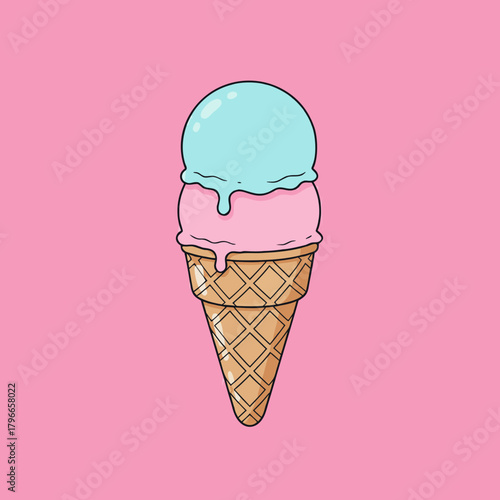 Cartoon illustration of a two-scoop ice cream cone with blue and pink flavors melting on a vibrant pink background.