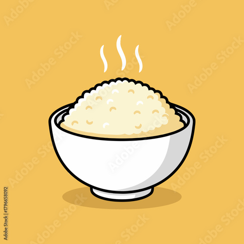 A simple cartoon illustration of a white bowl filled with hot, steaming white rice on a plain yellow background.