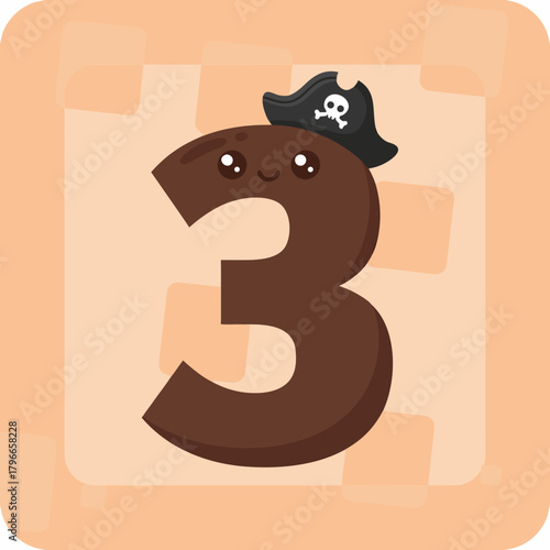 Cute cartoon brown number 3 wearing a pirate hat with a skull and crossbones on a light orange background.