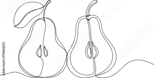 Two Pears Cut In Half One With Leaf Continuous Line Drawing