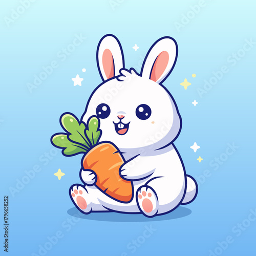 Cute cartoon white rabbit holding a large orange carrot with green leaves, smiling happily on a blue background with sparkles.