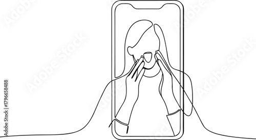 Woman's face in smartphone screen with hands touching cheeks