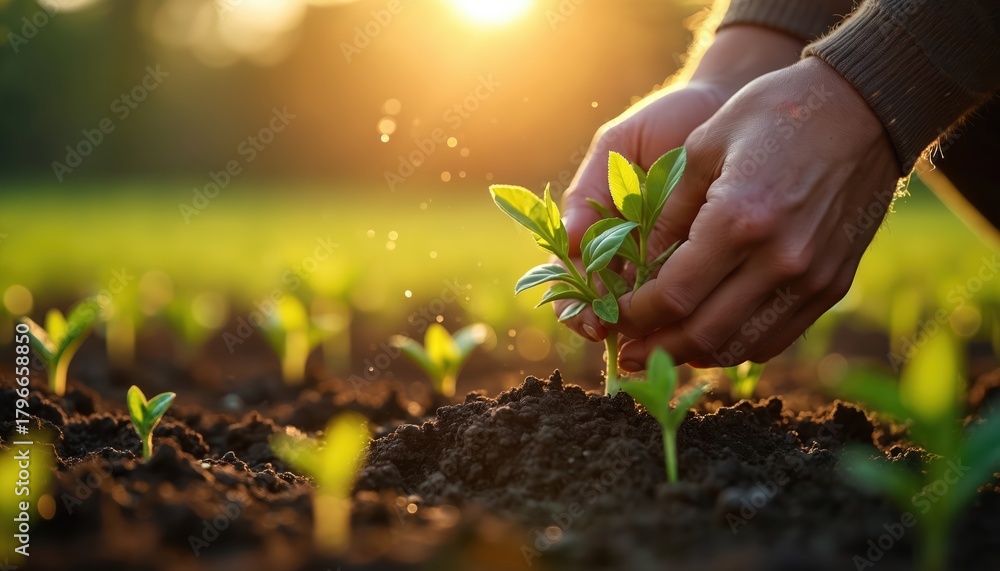 Fototapeta premium Person plants seedling in fertile soil at sunrise. New growth emerges in agricultural field. Farmer cultivates young plants for sustainable farming and food production. Healthy crop.