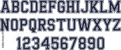 Varsity Athletic Alphabet and Numbers Vector Set - Navy Blue Collegiate Font