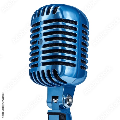 Close-up of a vibrant, glossy blue vintage microphone, isolated against a plain white background, highlighting its retro design