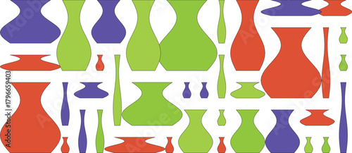 A vibrant collection of colorful vases and bottles in various shapes and sizes, isolated on a white background