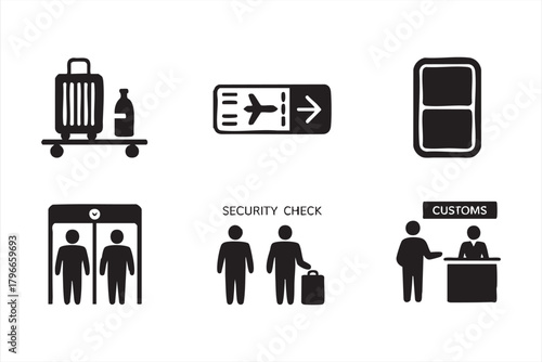 Airport security and customs icons for travel guidelines and passenger procedures