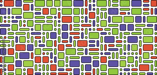 Abstract pattern of colorful rounded rectangles and squares in red, green, and purple