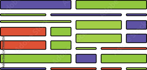 Abstract composition of colorful rectangular shapes in varying sizes and orientations against a white background