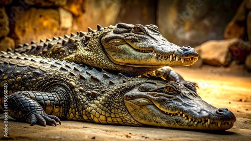 Two Large Crocodiles Resting Peacefully Together in their Enclosure.