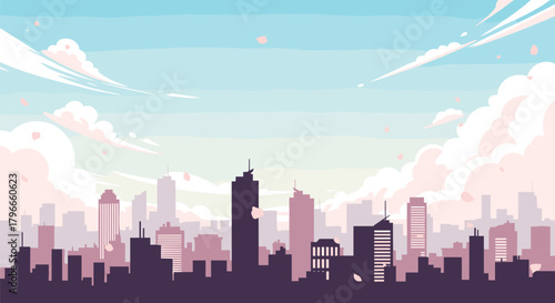 A serene cityscape with towering buildings under a pastel sky with soft clouds and distant birds flying.