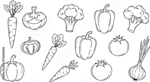 Vegetable line art collection, carrots, pumpkins, tomatoes, onion, broccoli, bell peppers, black and white, flat vector illustration
