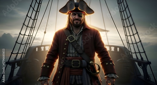 A pirate wearing a pirate hat and eyepatch, cinematic backlight