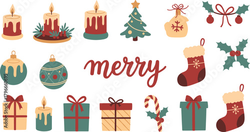 Christmas festive elements, candles, tree, stockings, ornaments, holly, gifts, candy cane, merry text, holiday decor, flat vector illustration