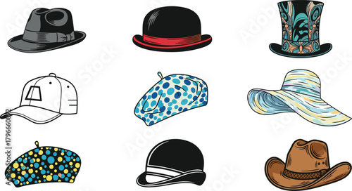 Flat vector illustration of nine different hats in grid layout, fashion and functional headwear styles, isolated on white background