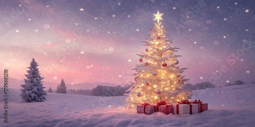 Enchanting winter wonderland scene with a twinkling christmas tree and gifts under a starry snowfall sky