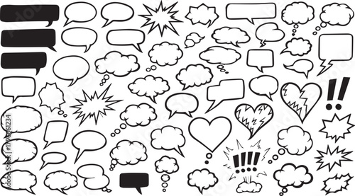 Hand drawn vector speech bubble and thought balloon doodle set collection isolated on white