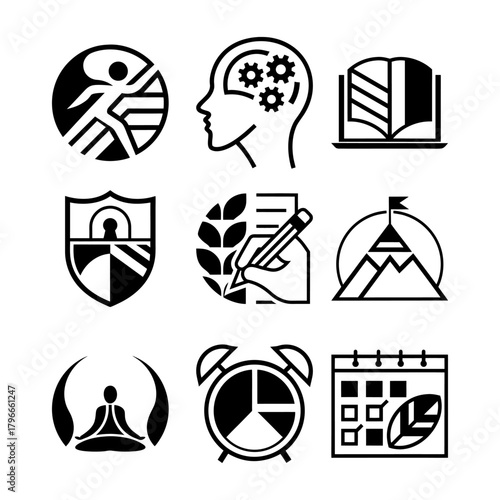 A set of minimalist line icons representing focus, consistency, and inner strength — perfect for productivity, wellness, and motivational projects.