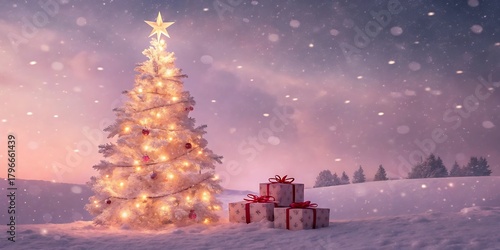 Magical winter wonderland christmas tree adorned with lights and gifts in a snowy landscape under a twilight sky