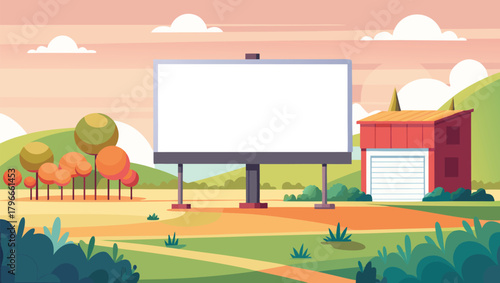 Vibrant outdoor billboard awaits your compelling message against a picturesque, stylized landscape with a cozy red building and rolling hills