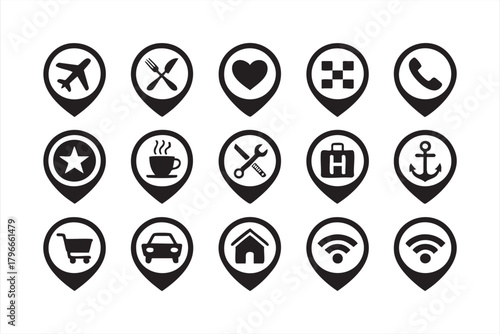 Black and white map marker set with travel, dining, taxi, and utility symbols