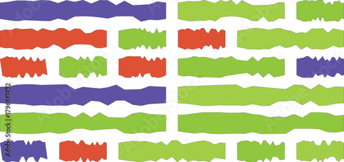 Abstract arrangement of torn paper strips in purple, red, and green