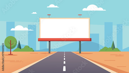Blank billboard awaits your impactful message on a scenic roadside with city skyline backdrop and vibrant green trees