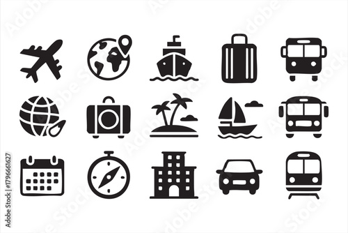 Travel and transportation icon pack for tourism apps and booking platforms
