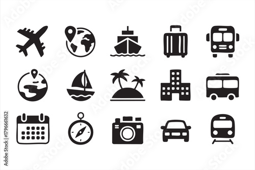 Black and white vacation symbols for navigation tools and travel planning