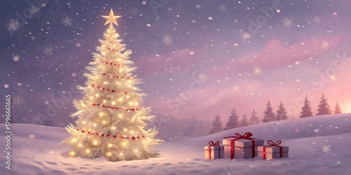 Enchanting christmas eve scene with a glowing tree and gifts in a snowy landscape under a starry sky
