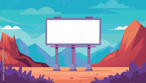 Vibrant desert landscape features a large empty billboard ready for your bold advertising campaign message