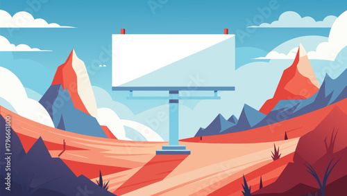 Vibrant stylized landscape showcases a blank billboard ready for your impactful advertising message against a backdrop of dramatic mountains and sky