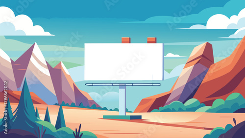 Vibrant minimalist billboard stands tall against a majestic mountain landscape, inviting impactful advertising and brand visibility