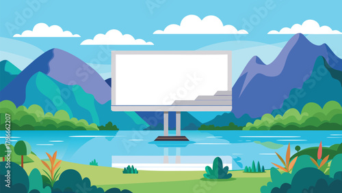 Vibrant landscape with a blank billboard overlooking a serene lake and majestic mountains under a clear blue sky