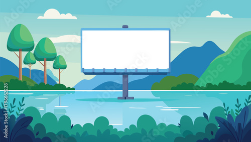 Stunning billboard overlooking tranquil lake and lush green landscape, perfect for impactful outdoor advertising and serene nature backdrops.