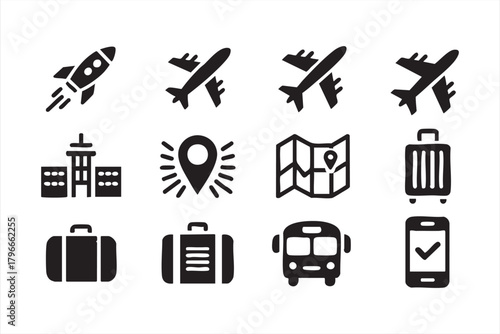 Air travel icon collection featuring planes, terminals, maps, and luggage