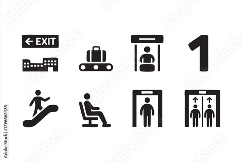 Terminal and passenger process icons for travel applications and dashboards