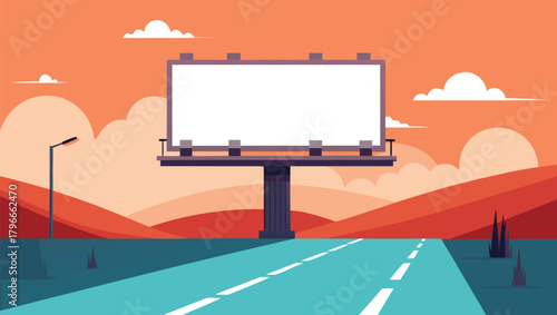 Vibrant sunset landscape with expansive billboard beside highway offers perfect advertising opportunity for impactful campaigns