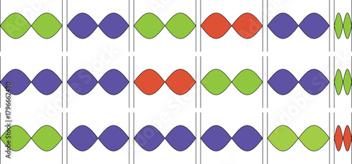 Three rows of colorful diamond shapes in green, purple, and red, arranged in repeating patterns and separated by vertical lines