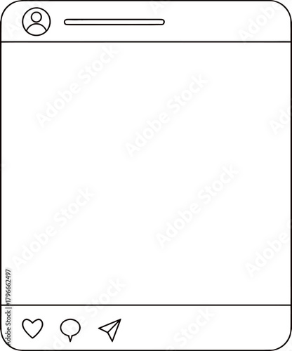 Create engaging social media posts easily with this customizable outline template featuring profile icon, post area, and interaction buttons like heart, comment, and send icons.