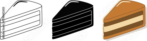 Cake slice icon set featuring outline, silhouette, and warm color styles. Perfect for bakery graphics, food illustrations, stickers, menus, and digital design elements.