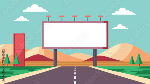 Blank billboard awaits your message on a scenic road leading to rolling hills and a modern cityscape, perfect for advertising campaigns.