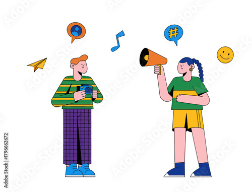 Dynamic duo creating buzz online with camera and megaphone, sharing content and spreading messages through digital channels for engagement and connection.